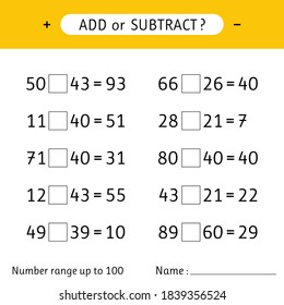 Añadir o restar. Rango de números de hasta 100. Hojas de cálculo para niños. Adición y sustracción. Ejercicios matemáticos. Ilustración del vector