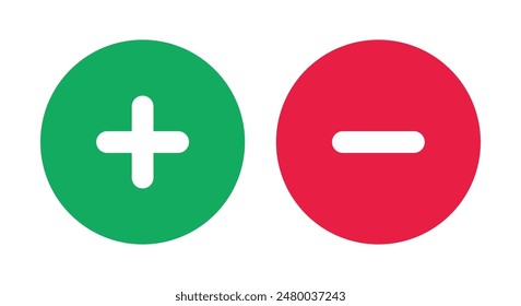 Add, subtract or plus, minus icon set in circle in green and red color. Plus and minus or add and subtract flat color icon for apps and websites. Plus and minus sign set. Vector.