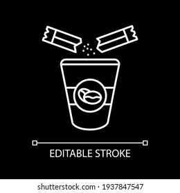 Add sugar to coffee white linear icon for dark theme. Coffeeshop drink take out. Thin line customizable illustration. Isolated vector contour symbol for night mode. Editable stroke