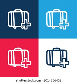 Añadir símbolo de dibujo de la mano de maleta azul y rojo cuatro colores conjunto de iconos mínimo