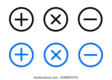 Add tab icon. Cancel symbol. Close tab sign. Collapse page pictogram. Plus minus and multiplying round button.