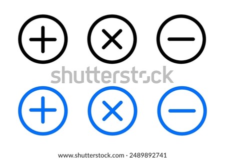 Add tab icon. Cancel symbol. Close tab sign. Collapse page pictogram. Plus minus and multiplying round button.