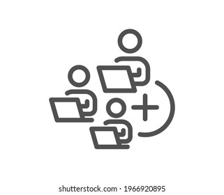 Add team line icon. Teamwork sign. Remote team employees symbol. Quality design element. Linear style add team icon. Editable stroke. Vector