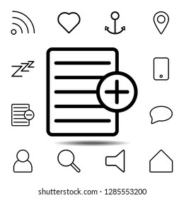 Add text file plus icon. Simple thin line, outline vector element of minimalistic, web icons set for UI and UX, website or mobile application