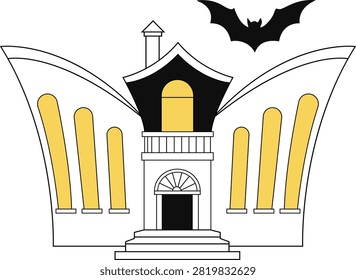 Add a touch of eerie charm to your seasonal projects with this flat-style vector illustration of a creepy haunted mansion. Featuring a uniquely curved roofline, towering bright yellow glowing windows, front entrance stairs, and a black bat soaring overhead, this vector graphic is perfect for Halloween party invitations, web banners, social media graphics, spooky greeting cards, and print decorations.