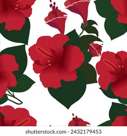 Add a touch of elegance and style to your designs with this beautiful seamless pattern featuring red shoe flowers. Perfect for fashion enthusiasts, this high-quality image is ideal for use in fabric 