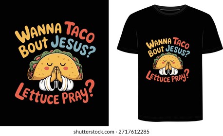 Add a touch of faith and fun to your wardrobe with this hilarious "Wanna Taco Bout Jesus? Lettuce Pray" T-shirt! Featuring a cute, praying taco character and clever wordplay, this Christian funny shirt is perfect for believers who love humor, tacos, and spreading joy. Made from high-quality, soft cotton, it’s comfortable for everyday wear, church events, Bible study groups, or casual outings.