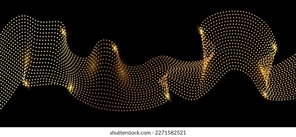 Add a touch of glamour to your designs with our vector illustration of an abstract background featuring a shimmering gold wave pattern made of dots on a black background.
