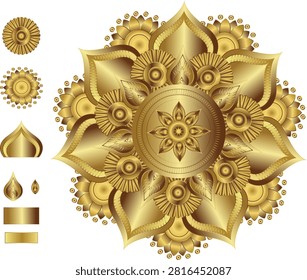 Add a touch of sophistication to your creative layouts with this premium golden mandala vector illustration. The graphic features a highly detailed, multi-layered circular floral ornament with a rich metallic gold gradient that delivers a luxurious 3D effect. Packaged alongside its individual design components—including single flower motifs, drop accents, and gradient swatches—this versatile design kit is perfectly suited for high-end wedding invitations, festive branding, cultural event posters, and spiritual wallpaper backgrounds.#GoldenMandala #LuxuryOrnament #VectorDesign #MetallicGold #FloralPattern #DesignElements #ElegantIllustration #WeddingGraphics #CulturalArt
