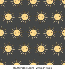 Add a touch of sunshine to your projects with the 'Happy Sun' pattern! Smiling sun motifs on a dark background. Perfect for children's designs, stationery, textiles, and more.