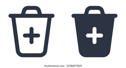 Add to Trash Bin or Trash Bin with Plus simple icons set designed in filled, outline, line and stroke style