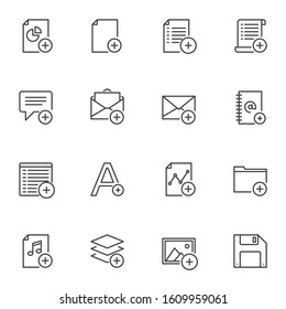 Add UI line icons set. linear style symbols collection, outline signs pack. vector graphics. Set includes icons as add contact book, mail, file folder, business report, music gallery, to do list