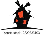 Add a unique twist to your Halloween creations with this stylized haunted windmill house silhouette illustration! Featuring a whimsical crooked design, sharp angular rooflines, glowing orange windows, and iconic windmill blades against a dark black frame, this vector graphic creates an eerie yet playful autumn atmosphere. It is perfect for crafting Halloween party invitations, stickers, t-shirt prints, vinyl decals, laser cutting projects, and seasonal digital decor.