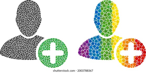 Add user composition icon of circle spots in various sizes and rainbow colored color tints. A dotted LGBT-colored add user for lesbians, gays, bisexuals, and transgenders.