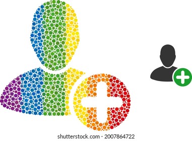 Add user composition icon of spheric dots in different sizes and spectrum colored color tints. A dotted LGBT-colored add user for lesbians, gays, bisexuals, and transgenders.