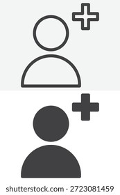 Fügen Sie dem Benutzer ein anderes Symbol mit Person und Pluszeichen hinzu. Einfache Linie, Umriss und durchgezogenes Symbol editierbares Strichvektorzeichen und Symbol für das Symbol für die Kontoerstellung.