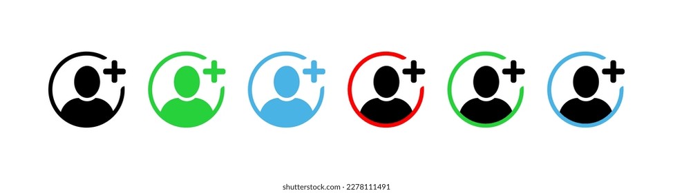 Añadir usuario. Piso, verde, azul, rojo, negro, añadir botón. Iconos del vector