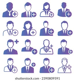Add user gradient icon set, add member, add new user, add new friend, profile avatar with plus symbol, vector illustration isolated on white background 