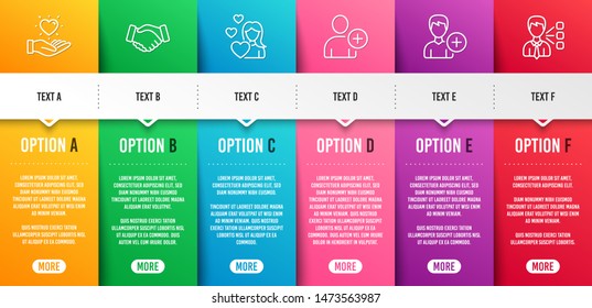 Add user, Handshake and Hold heart line icons set. Infographic timeline. Love, Add person and Third party signs. Profile settings, Deal hand, Love brand. Edit user data. People set. Vector