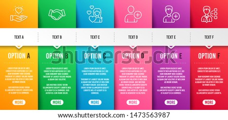 Add user, Handshake and Hold heart line icons set. Infographic timeline. Love, Add person and Third party signs. Profile settings, Deal hand, Love brand. Edit user data. People set. Vector