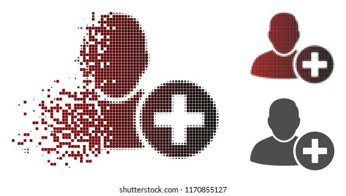 Add user icon in dissolved, pixelated halftone and undamaged whole variants. Particles are organized into vector sparkle add user icon.