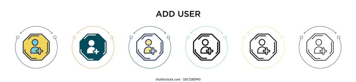 Add user icon in filled, thin line, outline and stroke style. Vector illustration of two colored and black add user vector icons designs can be used for mobile, ui, web