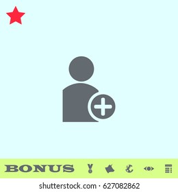 Add user icon flat. Grey pictogram on blue background. Vector illustration symbol and bonus buttons medal, cow, earth, eye, calculator