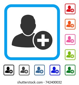 Add User icon. Flat grey pictogram symbol inside a light blue rounded squared frame. Black, gray, green, blue, red, orange color variants of Add User vector.