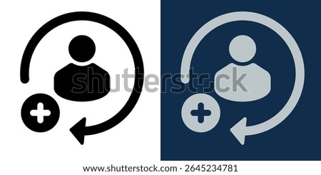 Add User Icon. Light and Dark Theme Profile Add Symbol with Circular Arrow, Flat Vector Design for UI, UX, Web Interfaces, Apps, Social Media, Modern Minimal Style Illustration