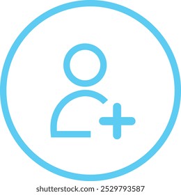 Agregar icono de usuario. Perfil de la persona avatar con plus, añadir símbolo de Cuenta. Línea azul Vector para aplicaciones y comunicación con aislado sobre fondo transparente. Conceptos de redes sociales.