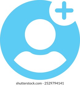 Benutzersymbol hinzufügen. Personenprofil-Avatar mit Plus, Account-Symbol hinzufügen. Flacher blauer Vektor für Anwendungen und Kommunikation, einzeln auf transparentem Hintergrund. Konzepte sozialer Medien.