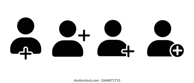 Add user icon set. add account symbol in black and white icons. Person profile avatar with plus vector illustration.