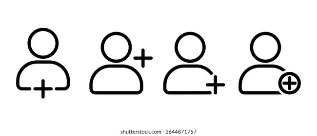 Add user icon set. add account symbol linear icons. Person profile avatar with plus vector illustration.