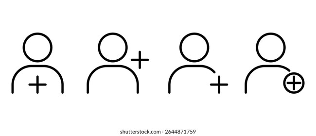 Add user icon set. add account symbol linear icons. Person profile avatar with plus vector illustration.
