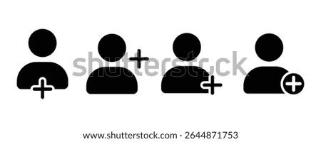 Add user icon set. add account symbol in black and white icons. Person profile avatar with plus vector illustration.