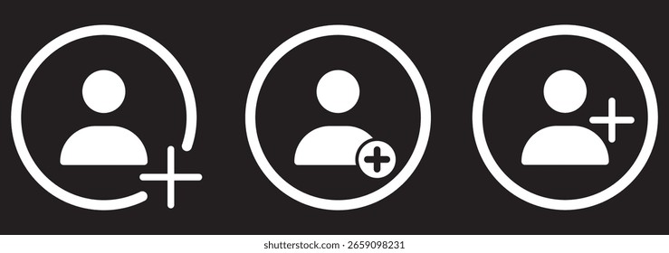 Add user icon set. Add member. Add new user vector icons. Profile avatar with plus symbol. add account symbol. Vector flat illustration.
