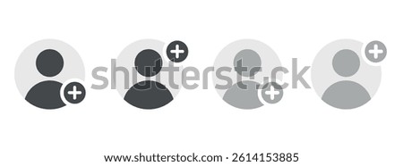 Add user icon set. Add member. Add new user vector icons. Profile avatar with plus symbol.  add account symbol. Vector flat illustration.