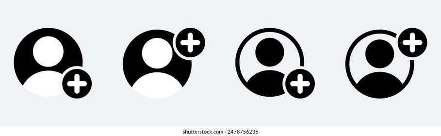 Add user icon set. Person profile avatar with plus, add account symbol. Vector flat illustration