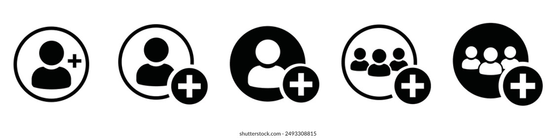 Add user icon set. Person profile avatar with plus, add account symbol. Vector flat illustration