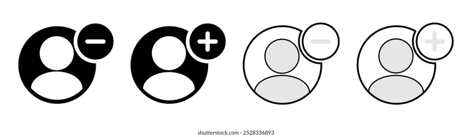 Add user icon set. Person profile avatar with plus, add account symbol. Vector flat illustration.