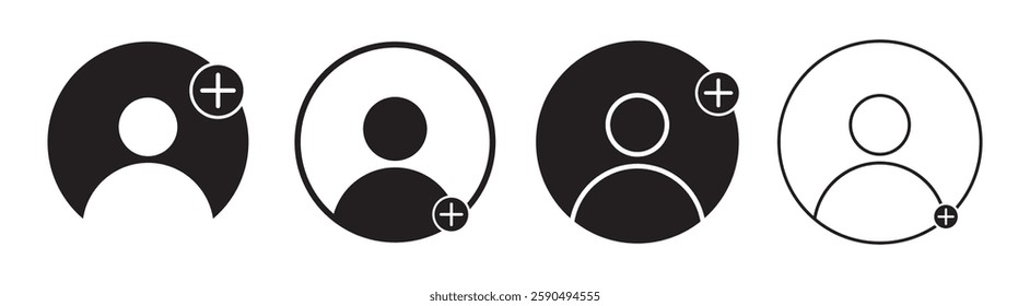 Add user icon set. Person profile avatar with plus, add account symbol. Add new user icon vector male person profile avatar with plus symbol, Add user profile icon