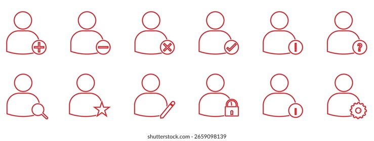 Adicionar conjunto de ícones de usuário. Avatar de perfil da pessoa com adição, adicionar símbolo de conta. Ilustração em plano vetorial 