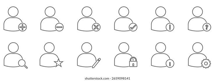 Benutzersymbolsatz hinzufügen. Personenprofil-Avatar mit Plus, Account-Symbol hinzufügen. Flache Vektorgrafik 