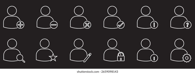 Agregar conjunto de iconos de usuario. Perfil de la persona avatar con plus, añadir símbolo de Cuenta. Ilustración plana de Vector 