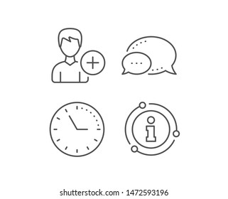 Add User line icon. Chat bubble, info sign elements. Profile Avatar sign. Male Person silhouette symbol. Linear add Person outline icon. Information bubble. Vector