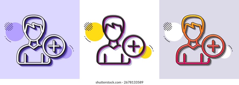 Add User line icon. Halftone dotted pattern. Gradient icon with grain shadow. Profile Avatar sign. Male Person silhouette symbol. Line add Person icon. Various designs. Vector