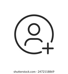 Add user, linear style icon. User profile icon with a plus sign, indicating adding a new user. Editable stroke width.