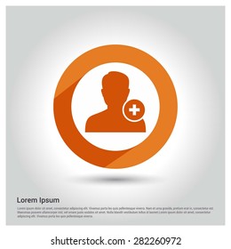 Add user member icon, Circle Long shadow pictogram icon on gray background.