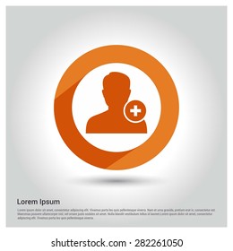 Add user member icon, Circle Long shadow pictogram icon on gray background.