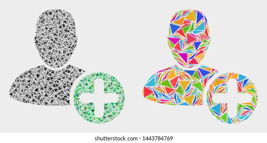 Add user mosaic icon of triangle elements which have various sizes and shapes and colors. Geometric abstract vector illustration of add user.